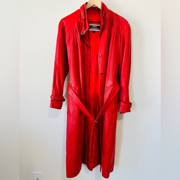 Vintage Red Genuine Leather Belted Trench Coat By Breier of Amsterdam Size 10 - Picture 15 of 16